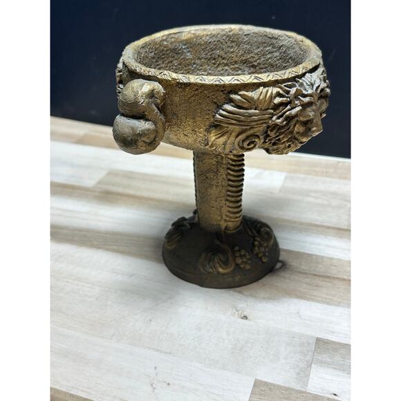 Lion Head Pedestal Chalice Urn Goblet Old World Tuscan Style Gold Resin Decor - Picture 7 of 8